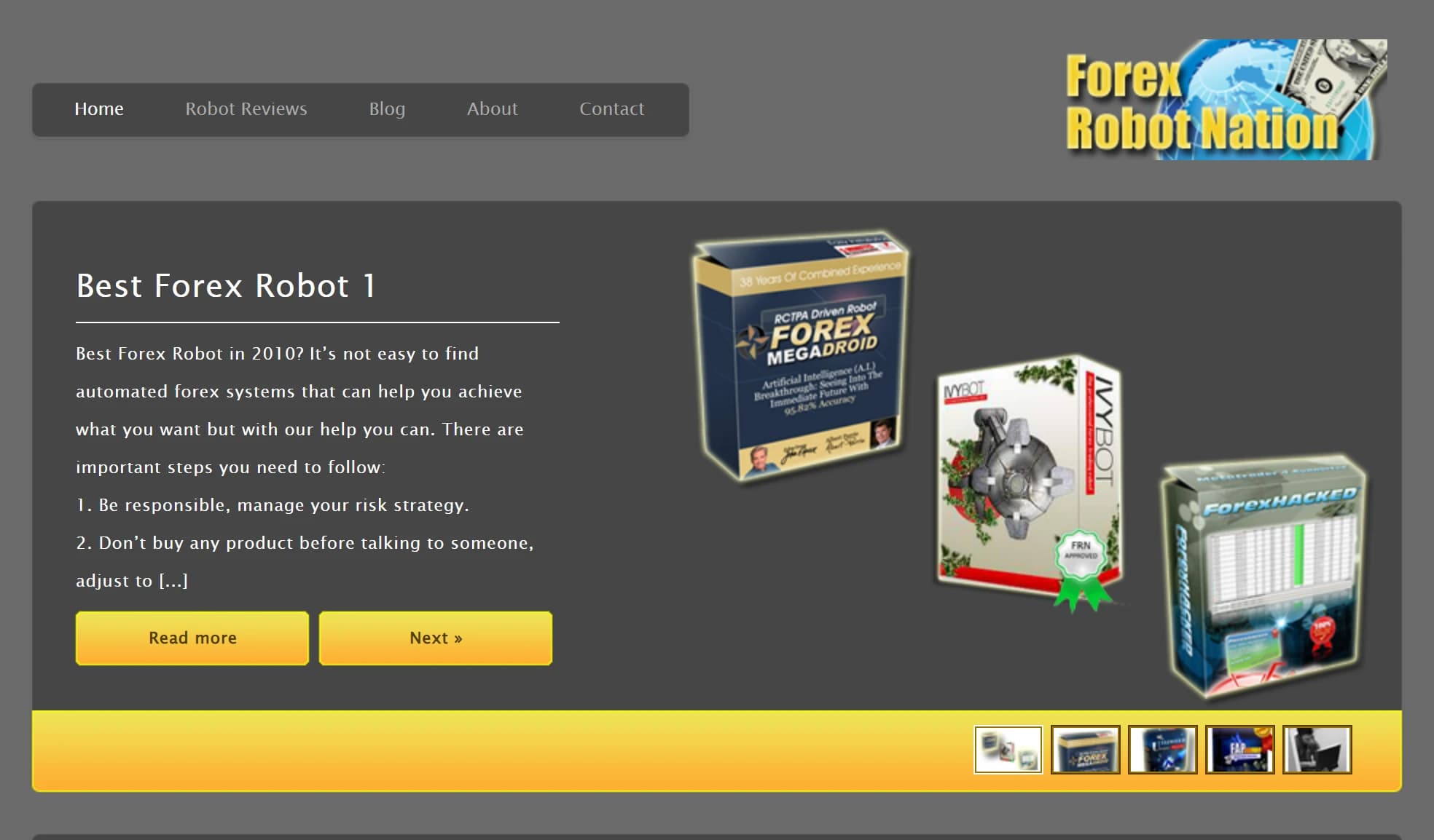 Forex Robot Nation’s home page in March 2010: its menu and logo, an article titled Best Forex Robot, and the boxes of three robots by other makers