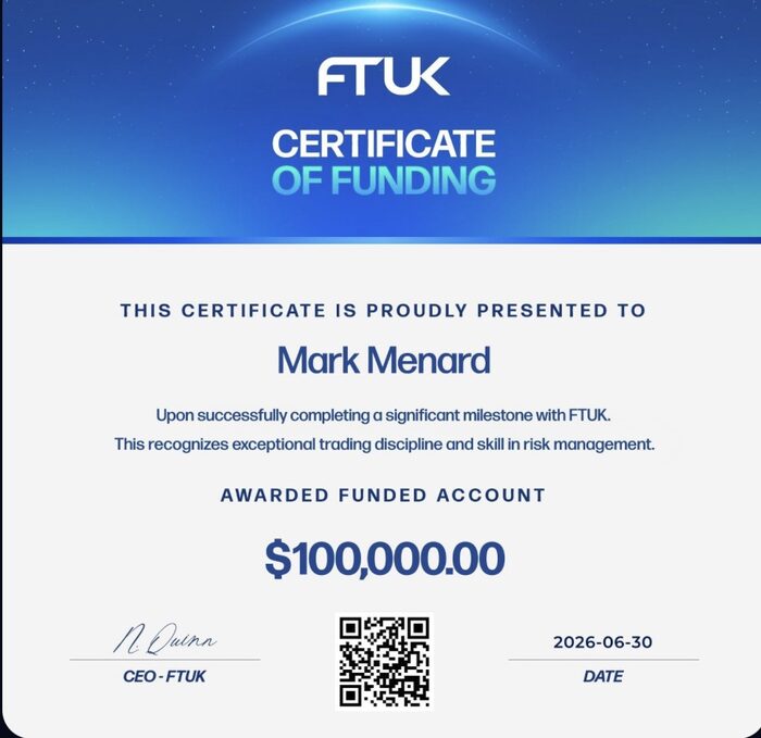 FTUK $100,000 funded account certificate